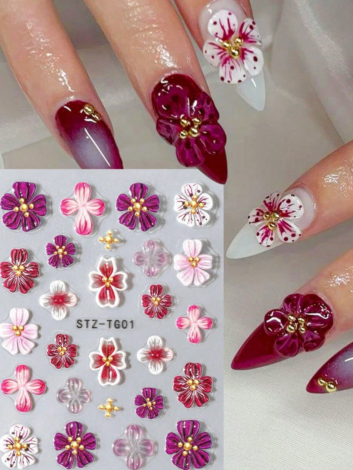 2sheet 5D Nail Art Stickers Decals Embossed Flowers Floral Daisy Fern Decoration
