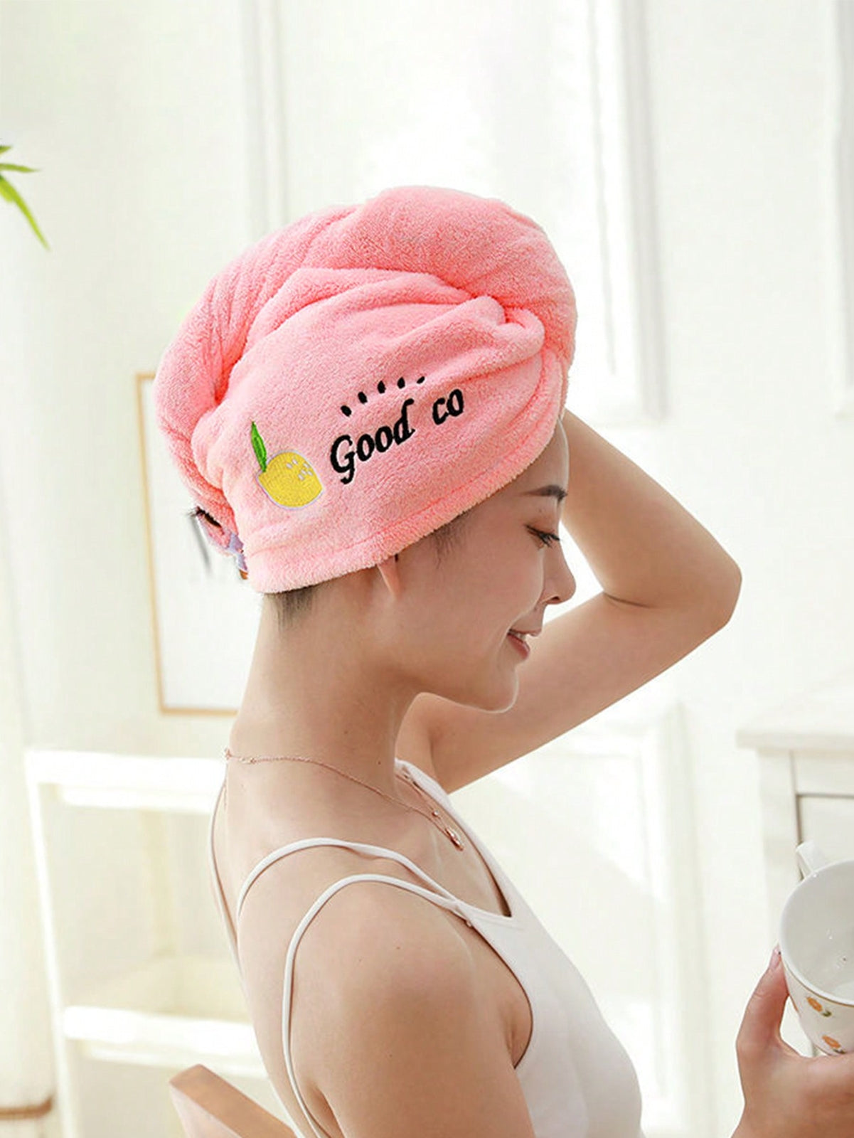 Soft Coral Fleece Hair Drying Cap - Absorbent Embroidered Shower Bonnet Towel UK
