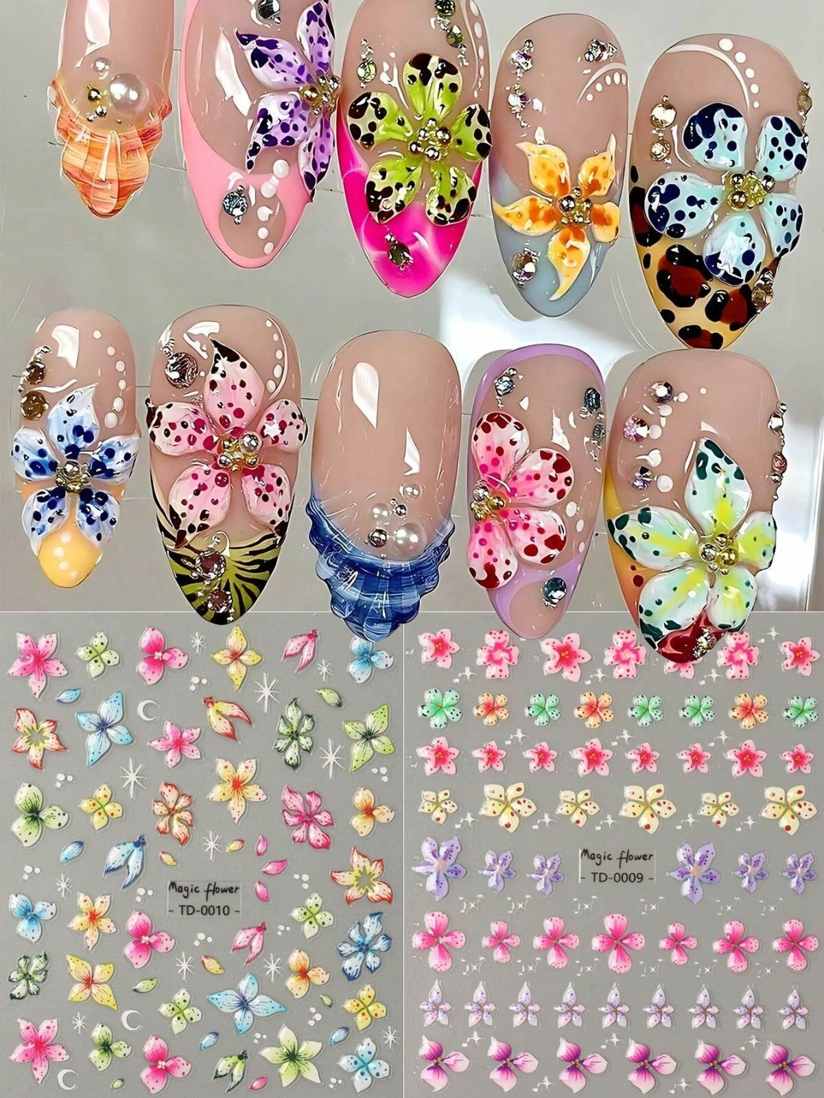2sheet 5D Nail Art Stickers Decals Embossed Flowers Floral Daisy Fern Decoration