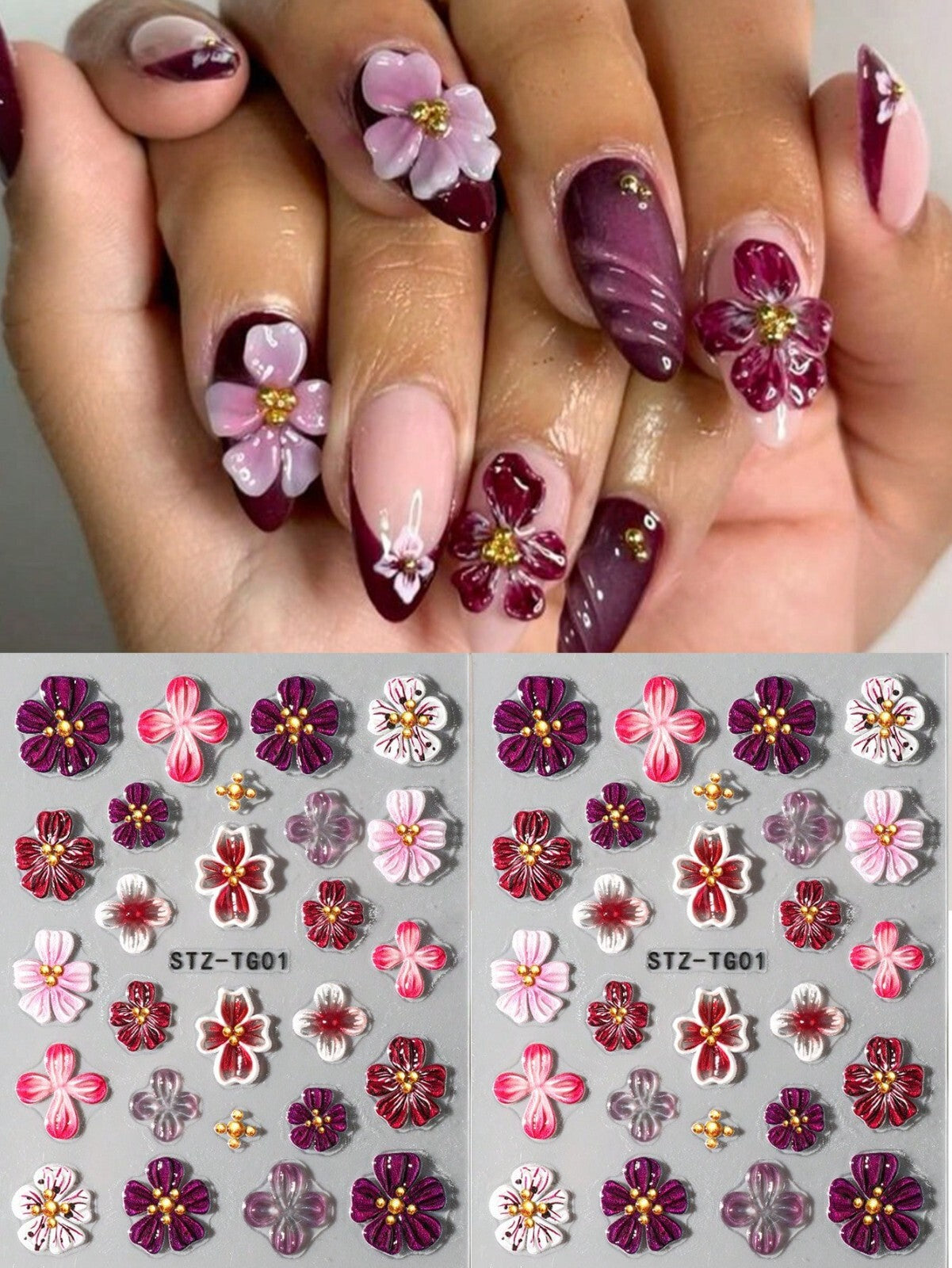 2sheet 5D Nail Art Stickers Decals Embossed Flowers Floral Daisy Fern Decoration
