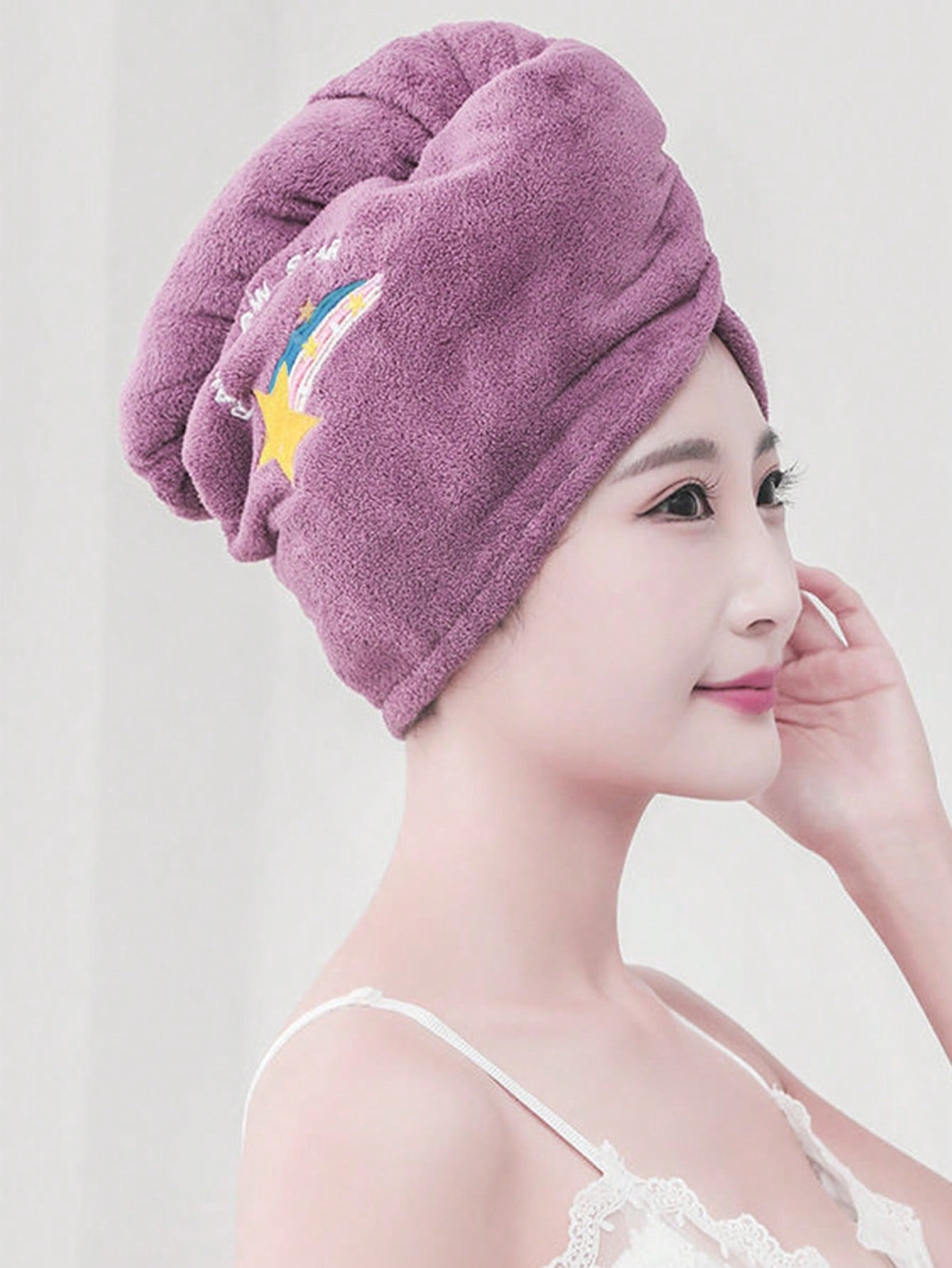 Soft Coral Fleece Hair Drying Cap - Absorbent Embroidered Shower Bonnet Towel UK