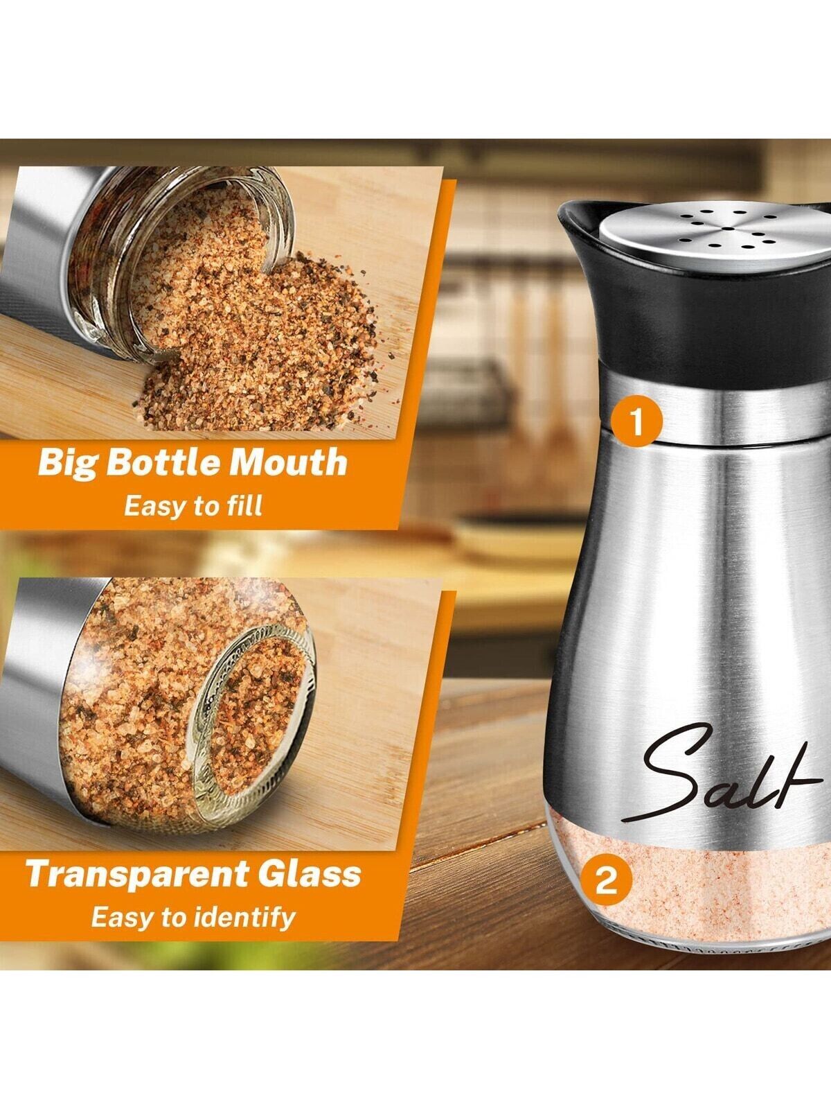 Pack of 2 Salt And Pepper Shakers Pots Dispensers Cruet Jars Set with Holder
