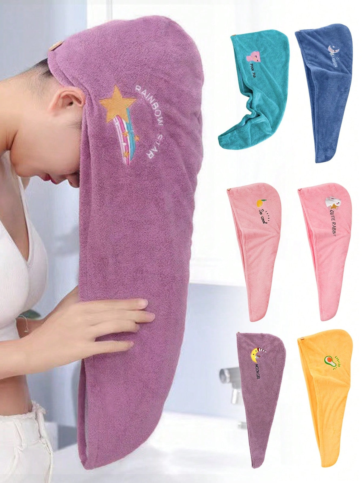 Soft Coral Fleece Hair Drying Cap - Absorbent Embroidered Shower Bonnet Towel UK
