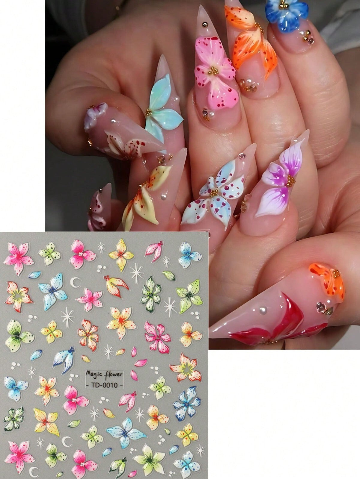 2sheet 5D Nail Art Stickers Decals Embossed Flowers Floral Daisy Fern Decoration