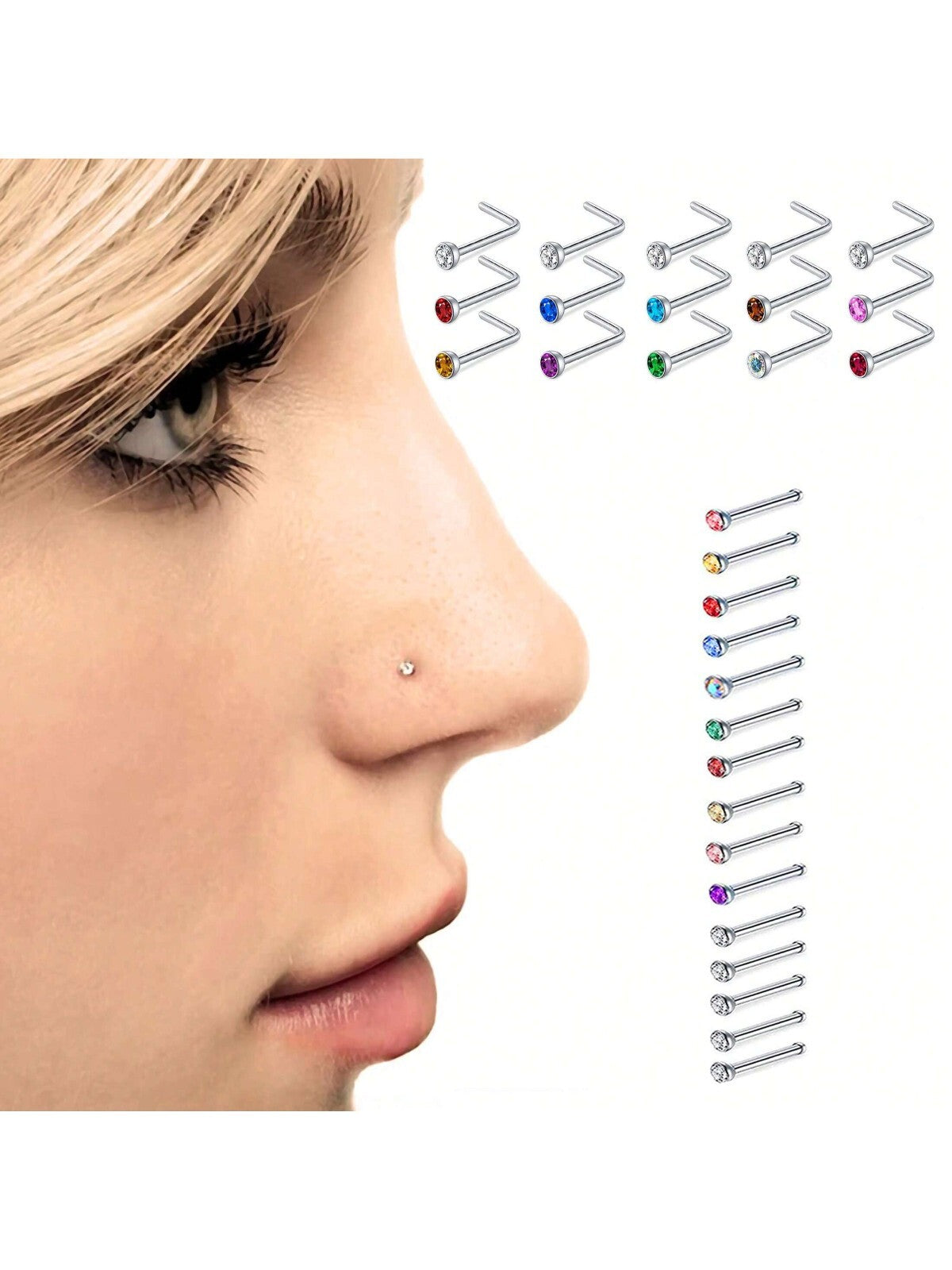 UK SILVER NOSE STUD STRAIGHT I L SCREW SHAPE SURGICAL STEEL PIN SET BAR PIERCING