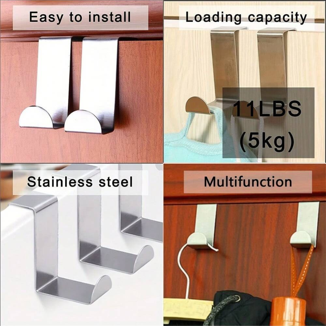 4PC Over Door Hook Stainless Steel Reversible Cupboard Drawer Metal Hooks Hanger