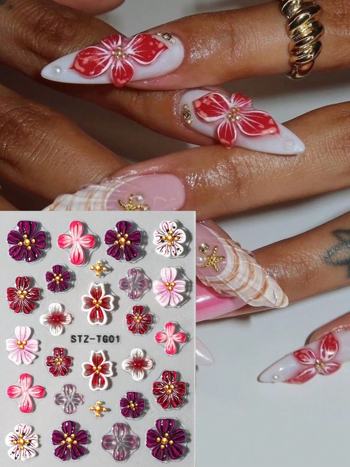 2sheet 5D Nail Art Stickers Decals Embossed Flowers Floral Daisy Fern Decoration