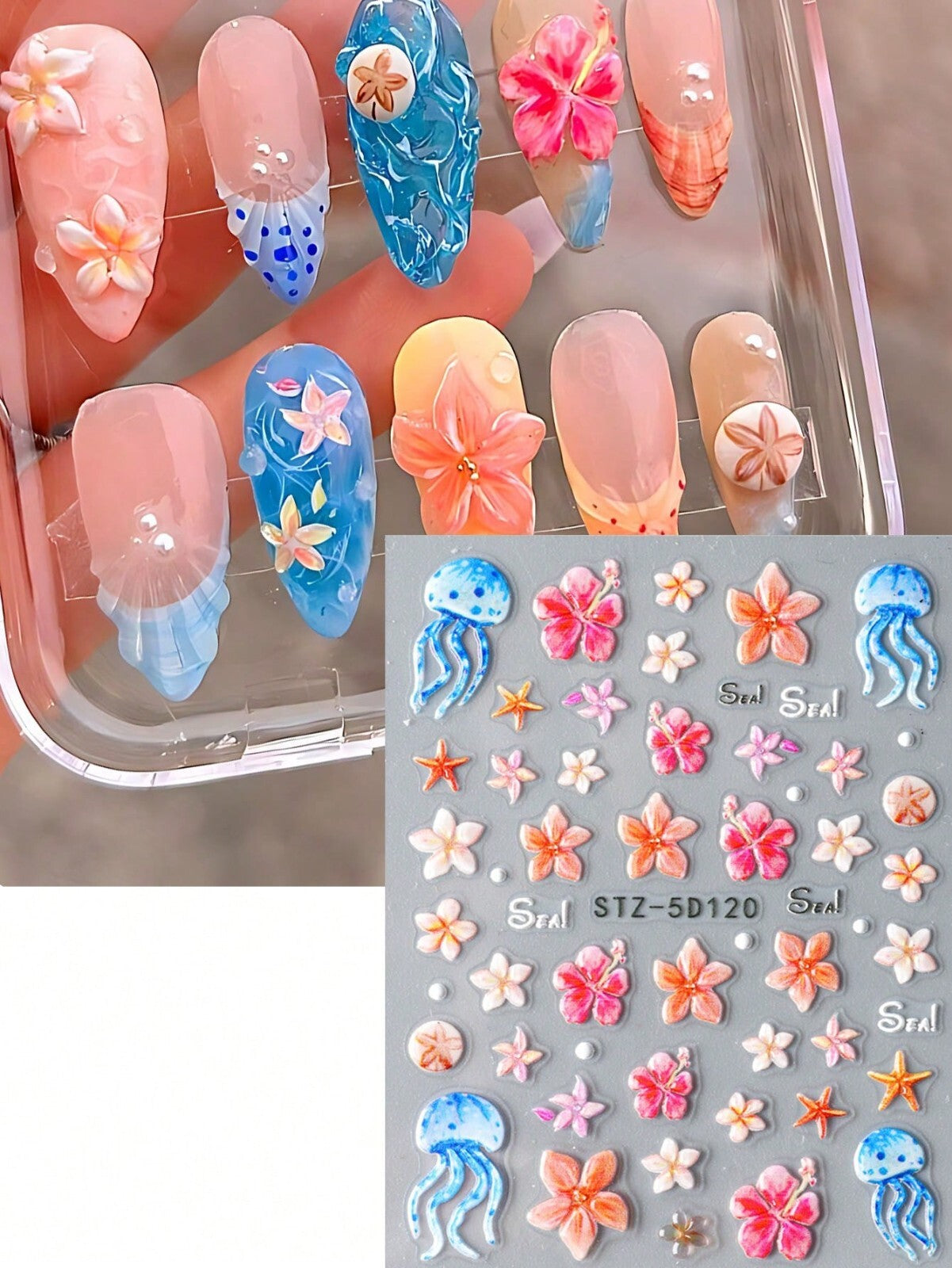 2sheet 5D Nail Art Stickers Decals Embossed Flowers Floral Daisy Fern Decoration