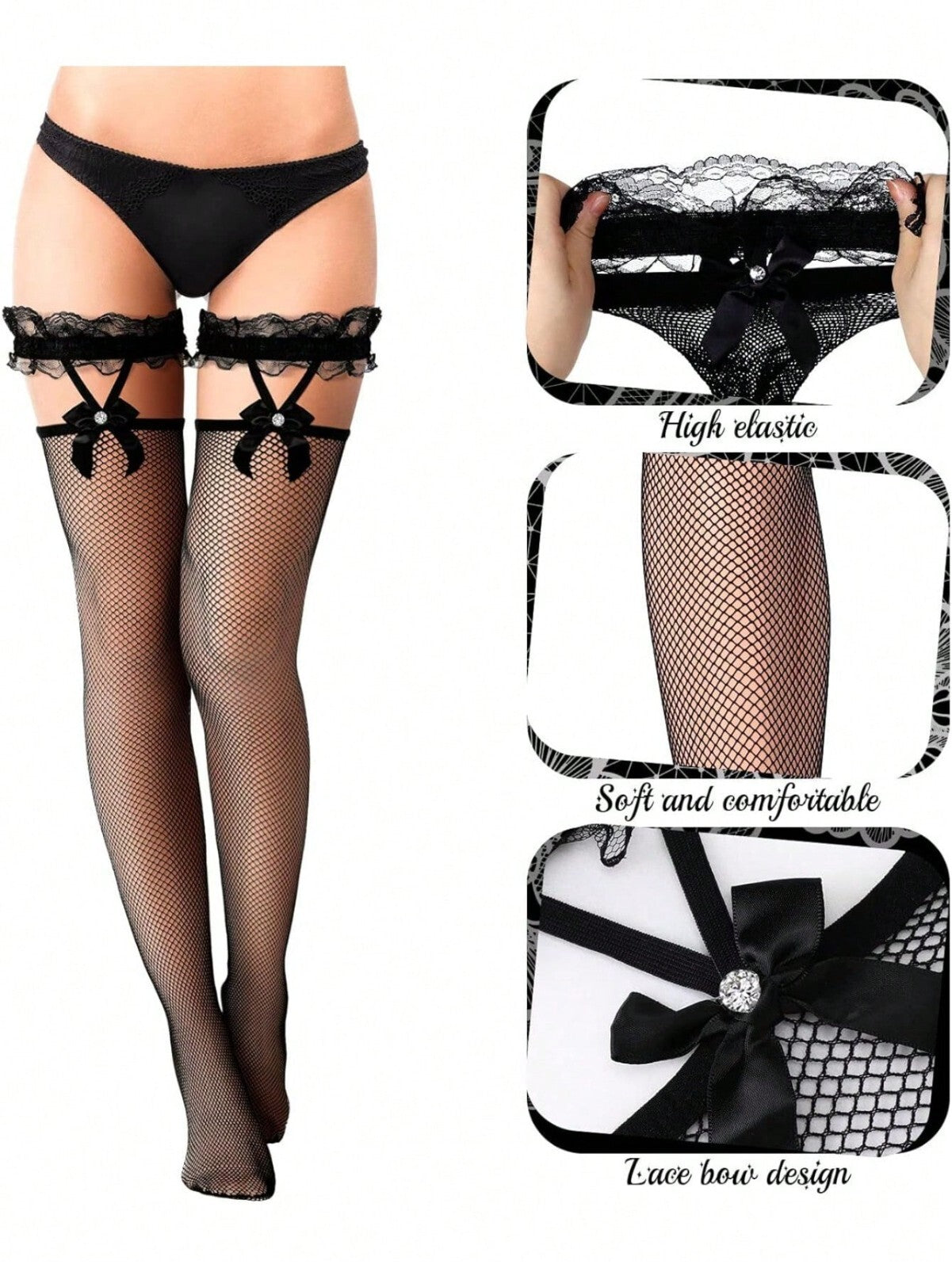2 pairs Sexy Ladies Fishnet Hold Up Stockings With Lace Top UK stock