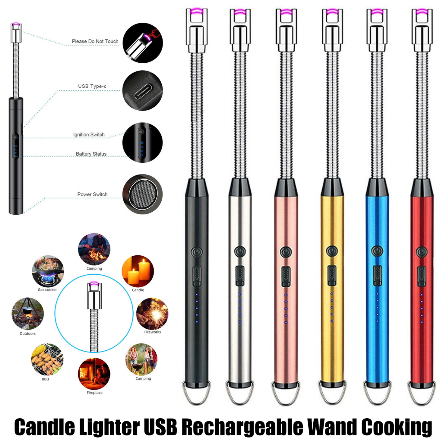 Candle Lighter Electric Arc Lighter USB Rechargeable Wand Flexible Cooking BBQ