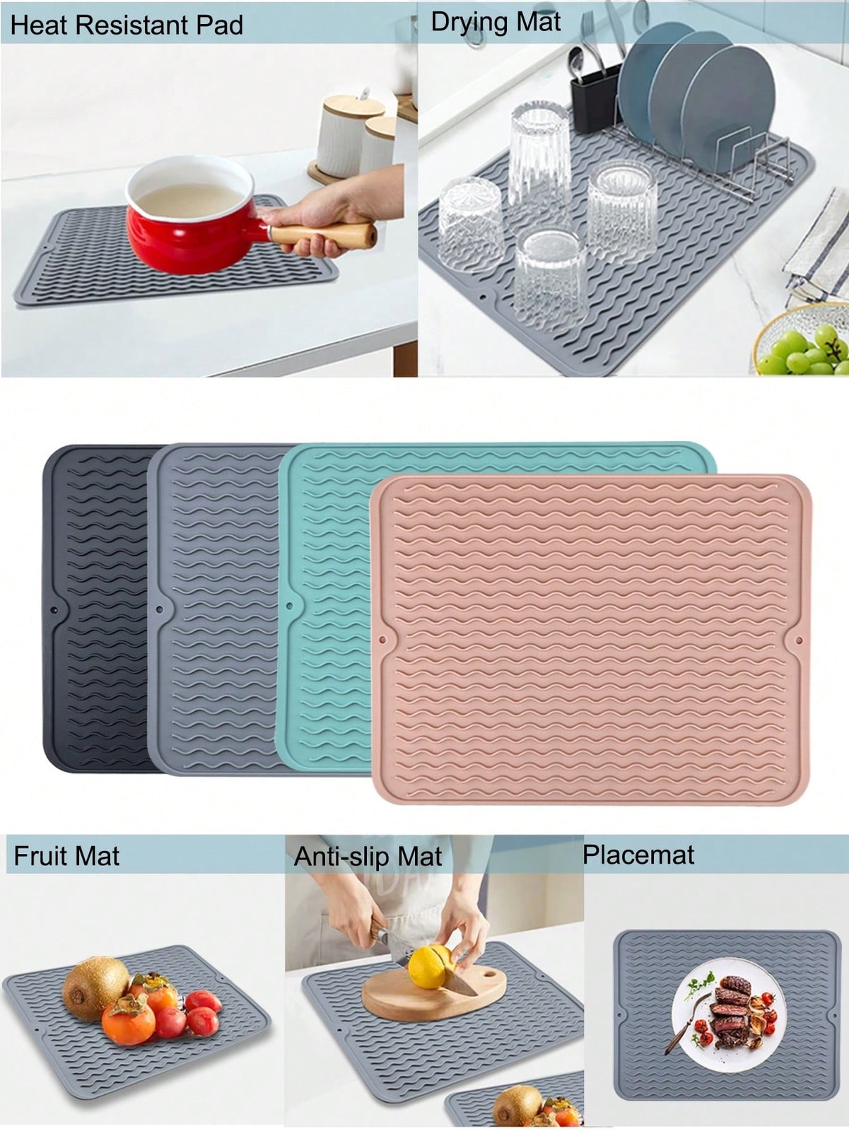 Silicone Sink Drying Mat Heat Resistant Kitchen Rectangle Non Slip Dish Drainer