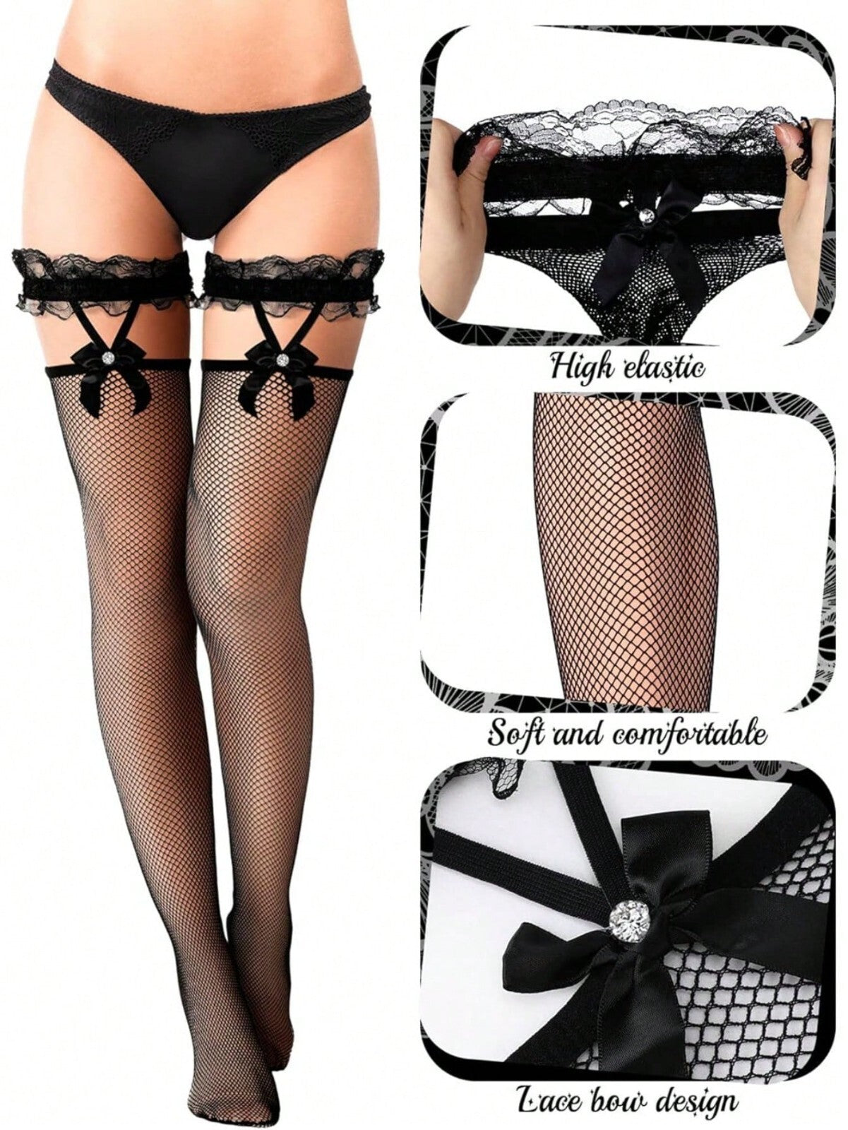 2 pairs Sexy Ladies Fishnet Hold Up Stockings With Lace Top UK stock
