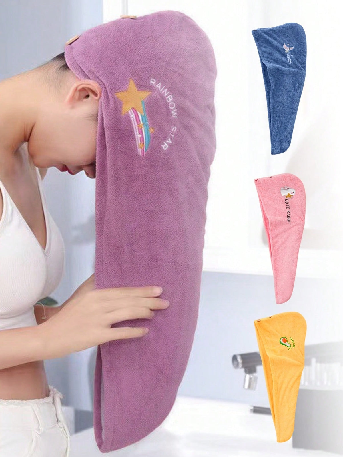 Soft Coral Fleece Hair Drying Cap - Absorbent Embroidered Shower Bonnet Towel UK