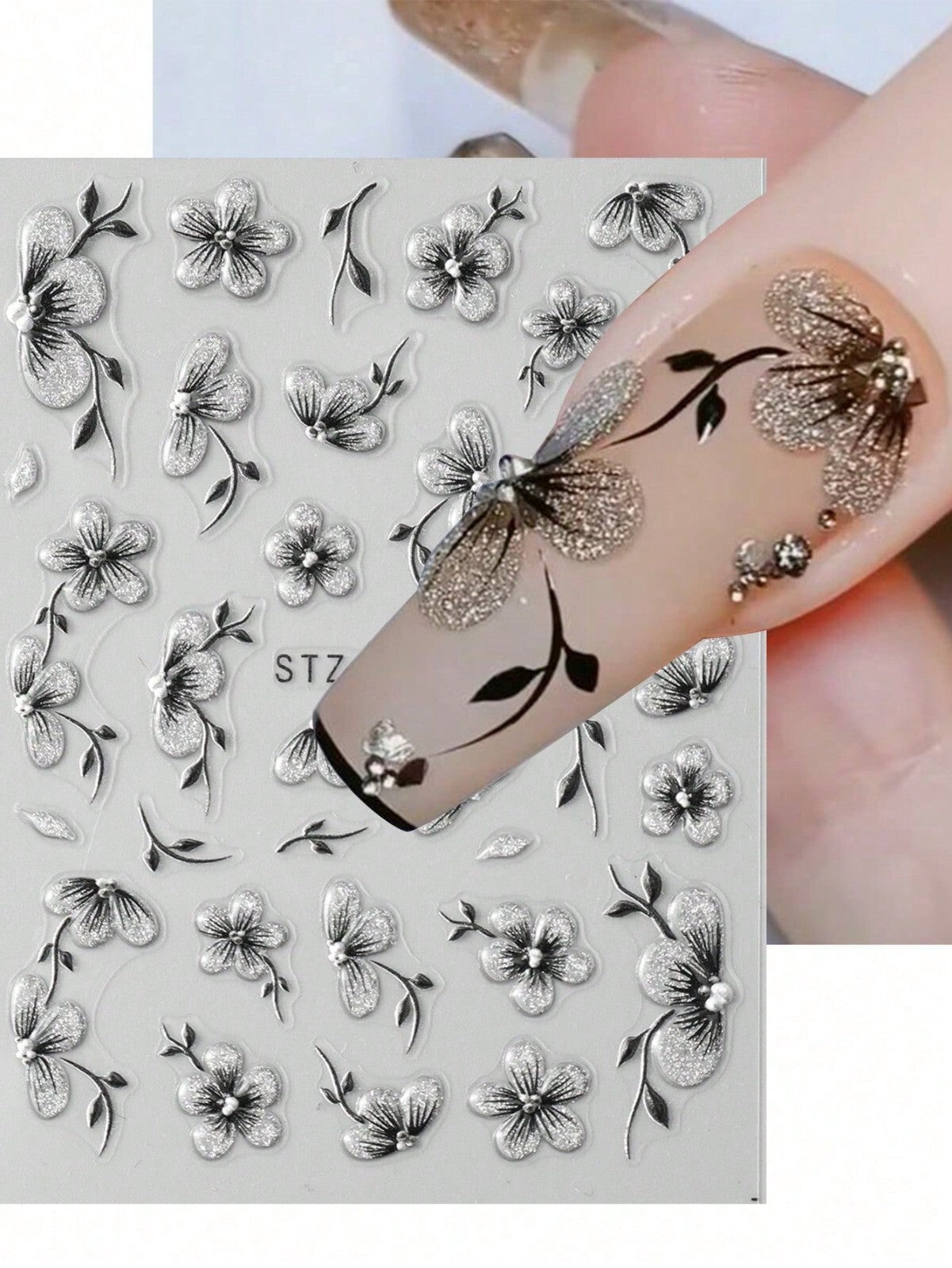2sheet 5D Nail Art Stickers Decals Embossed Flowers Floral Daisy Fern Decoration