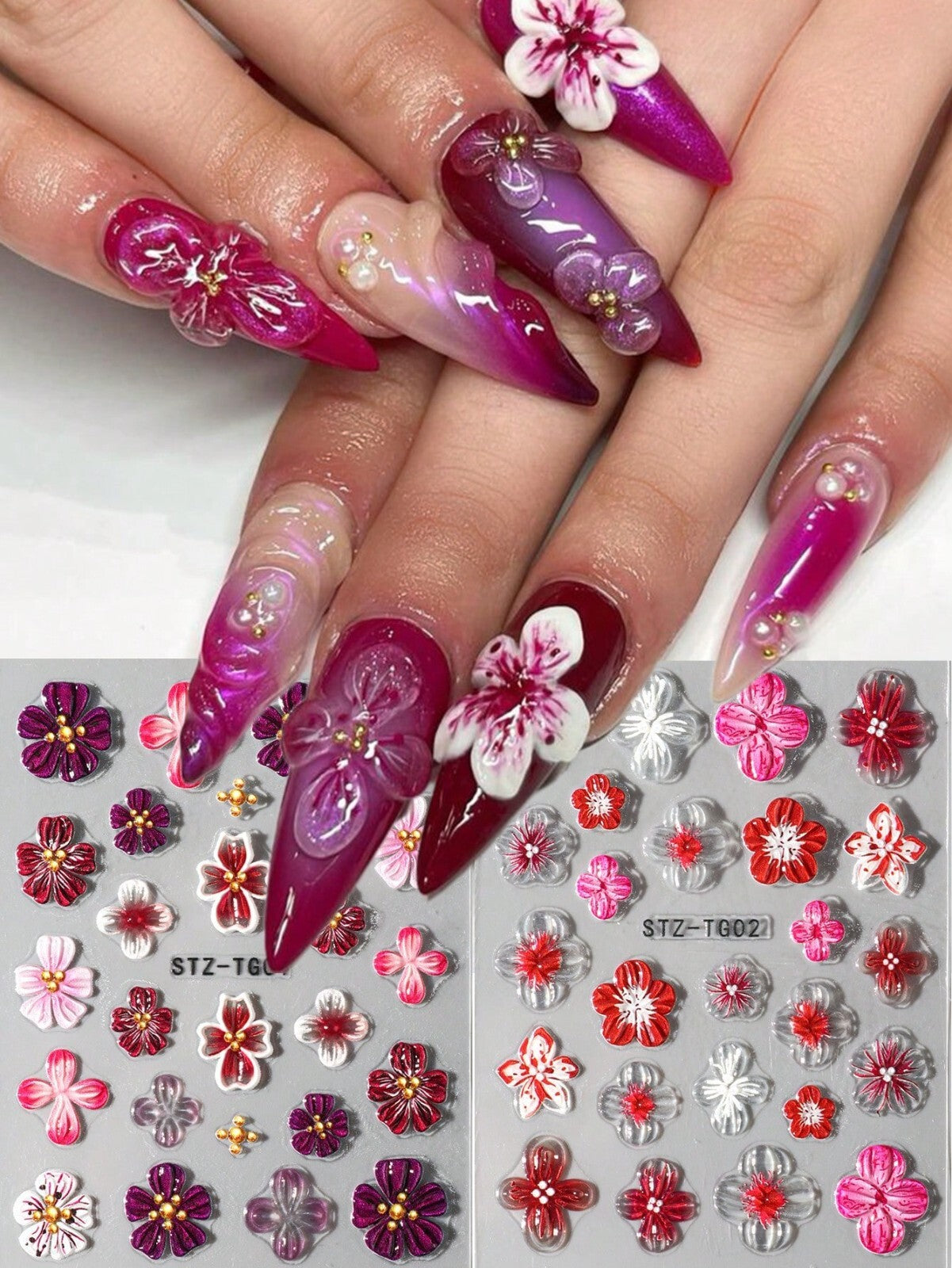 2sheet 5D Nail Art Stickers Decals Embossed Flowers Floral Daisy Fern Decoration