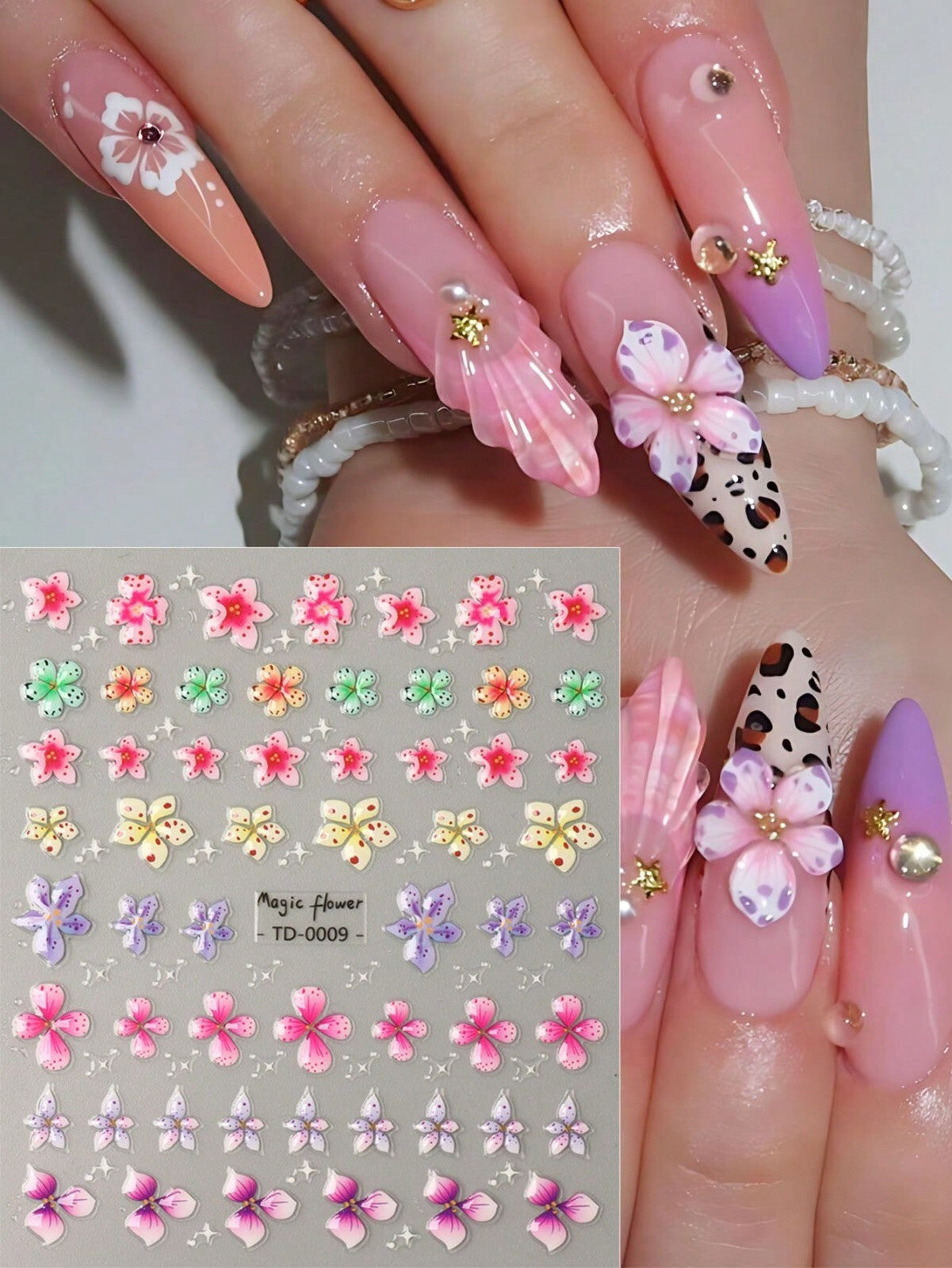 2sheet 5D Nail Art Stickers Decals Embossed Flowers Floral Daisy Fern Decoration