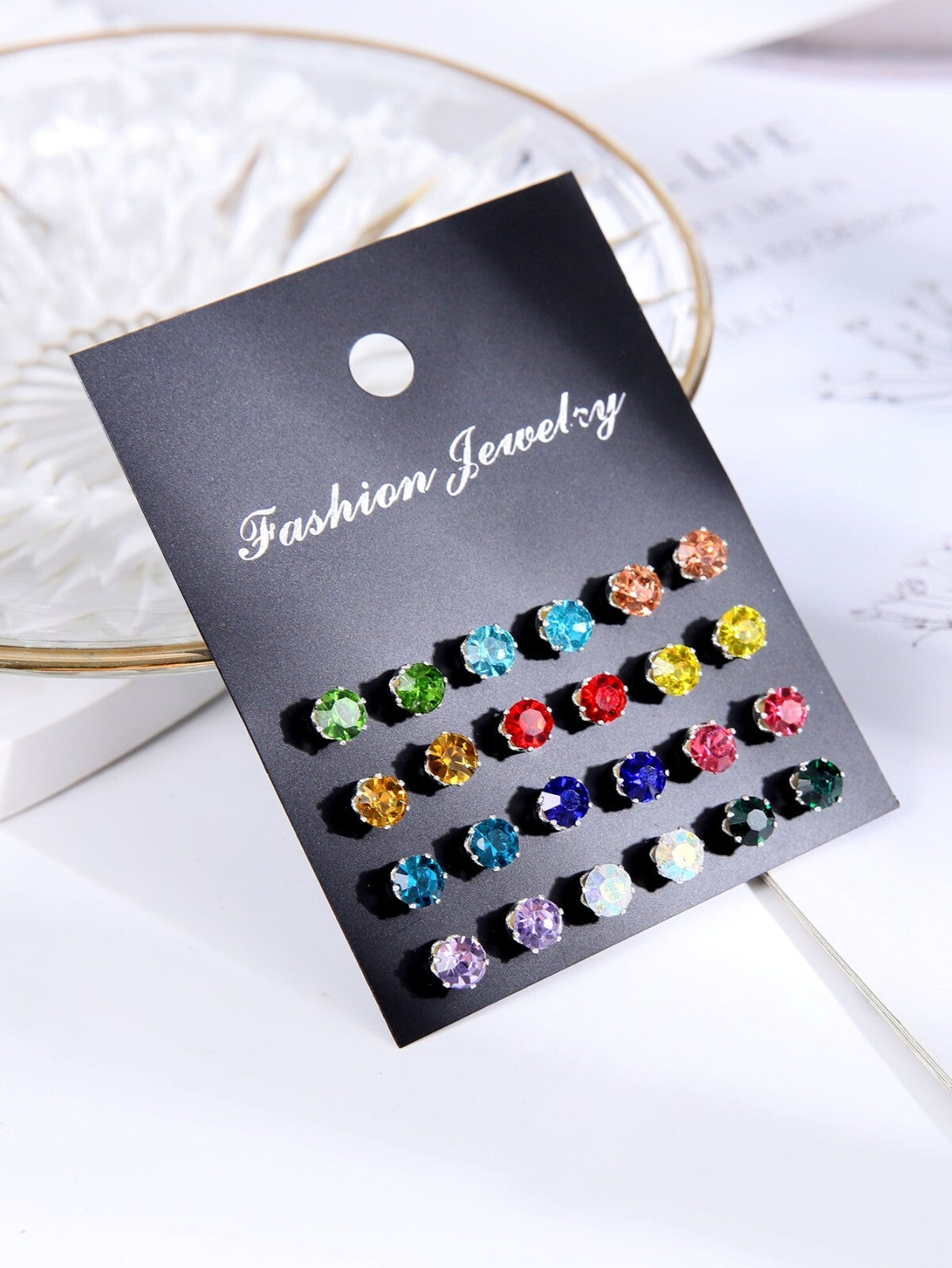 A Set Of 12 Pairs Silver Cubic Zirconia Stud Earrings Small Round CZ Set Pack UK