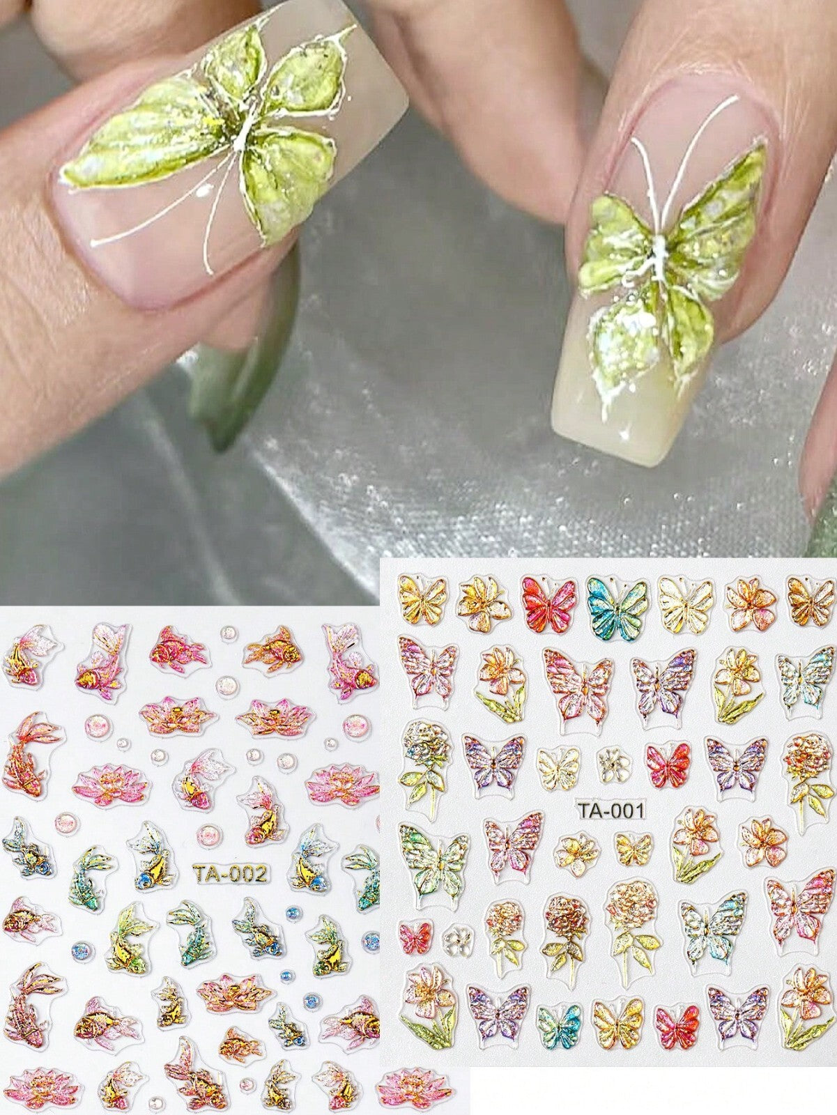 2sheet 5D Nail Art Stickers Decals Embossed Flowers Floral Daisy Fern Decoration