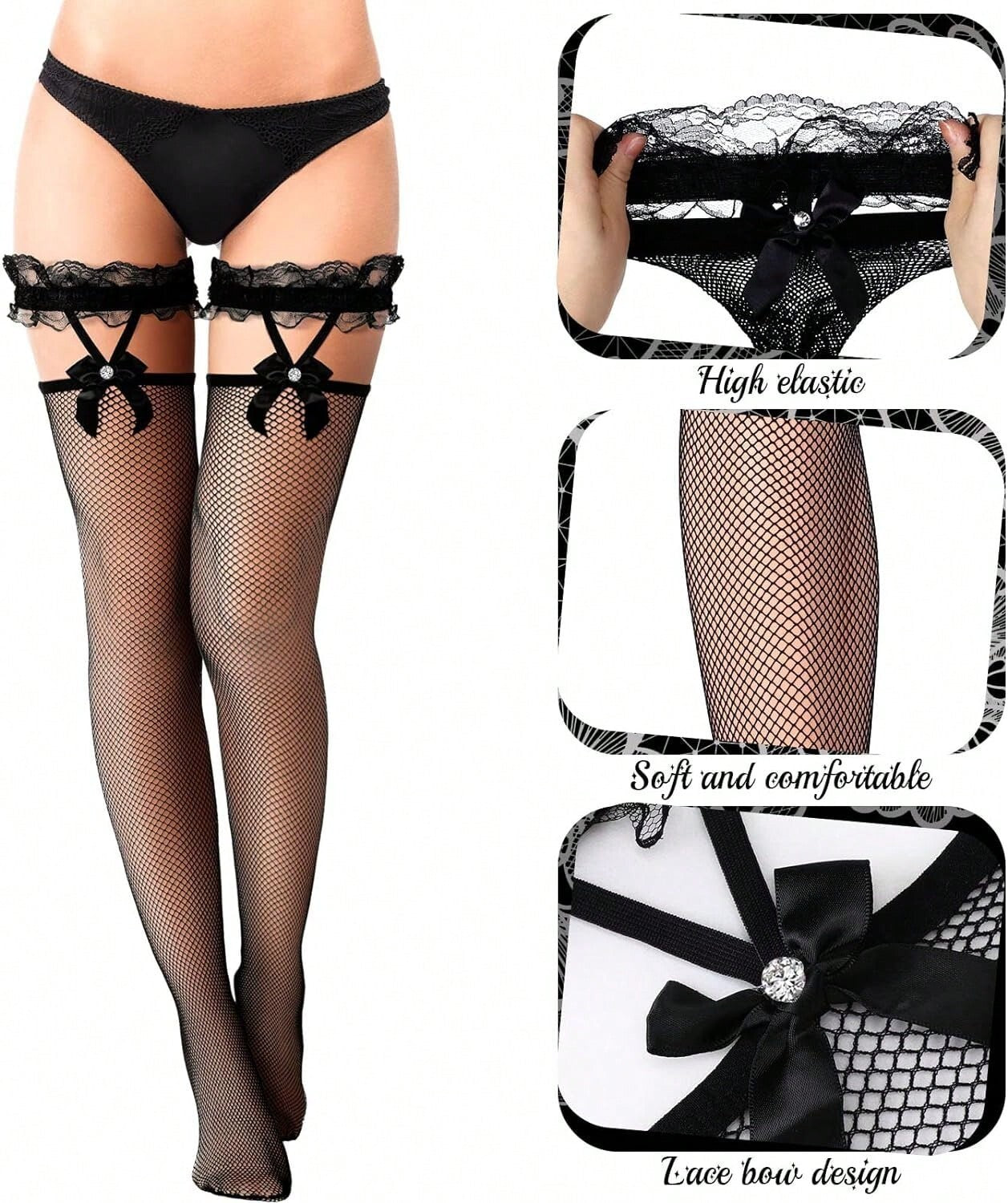 2 pairs Sexy Ladies Fishnet Hold Up Stockings With Lace Top UK stock