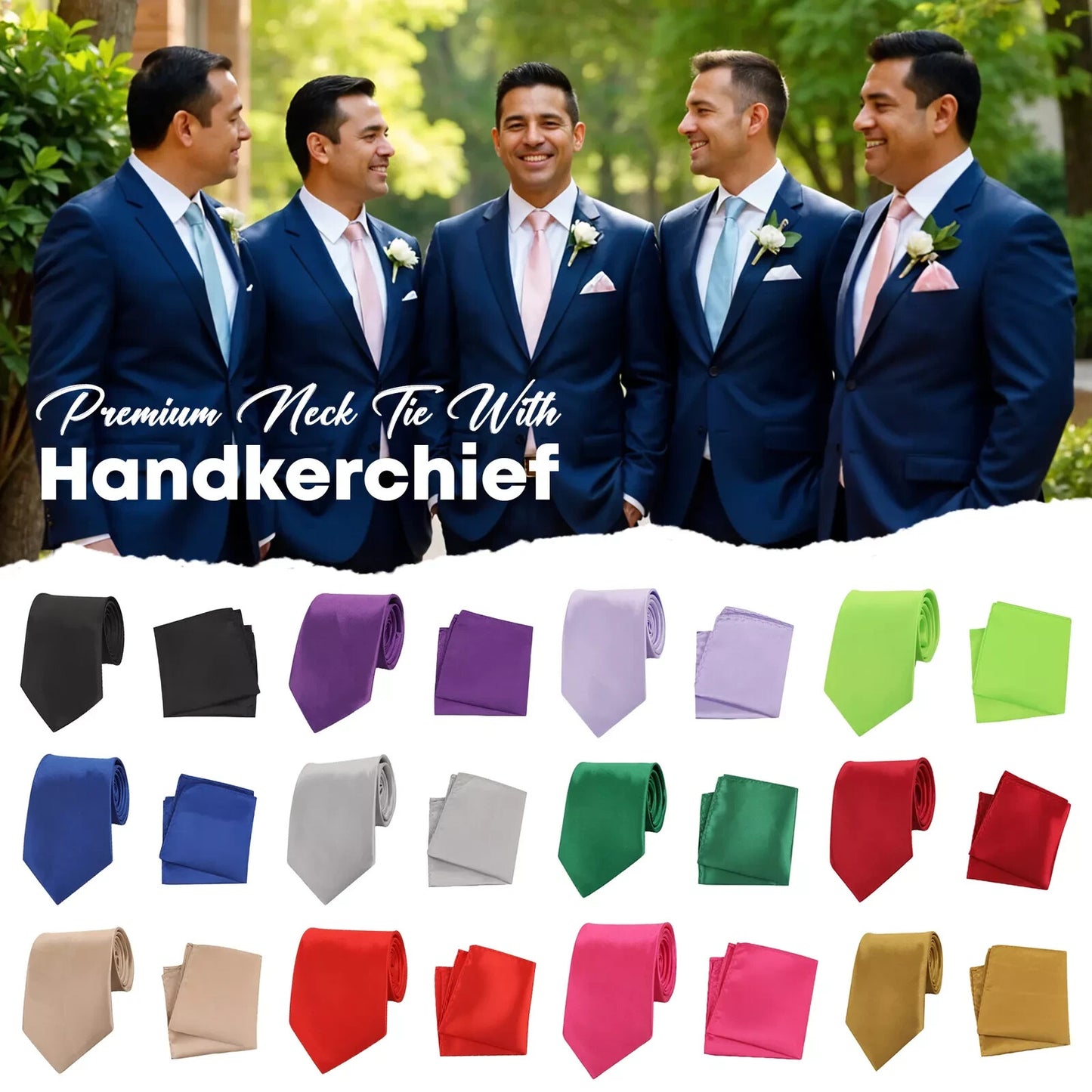Mens Neck Tie and Pocket Square Handkerchief Set Wedding Birthday Reception