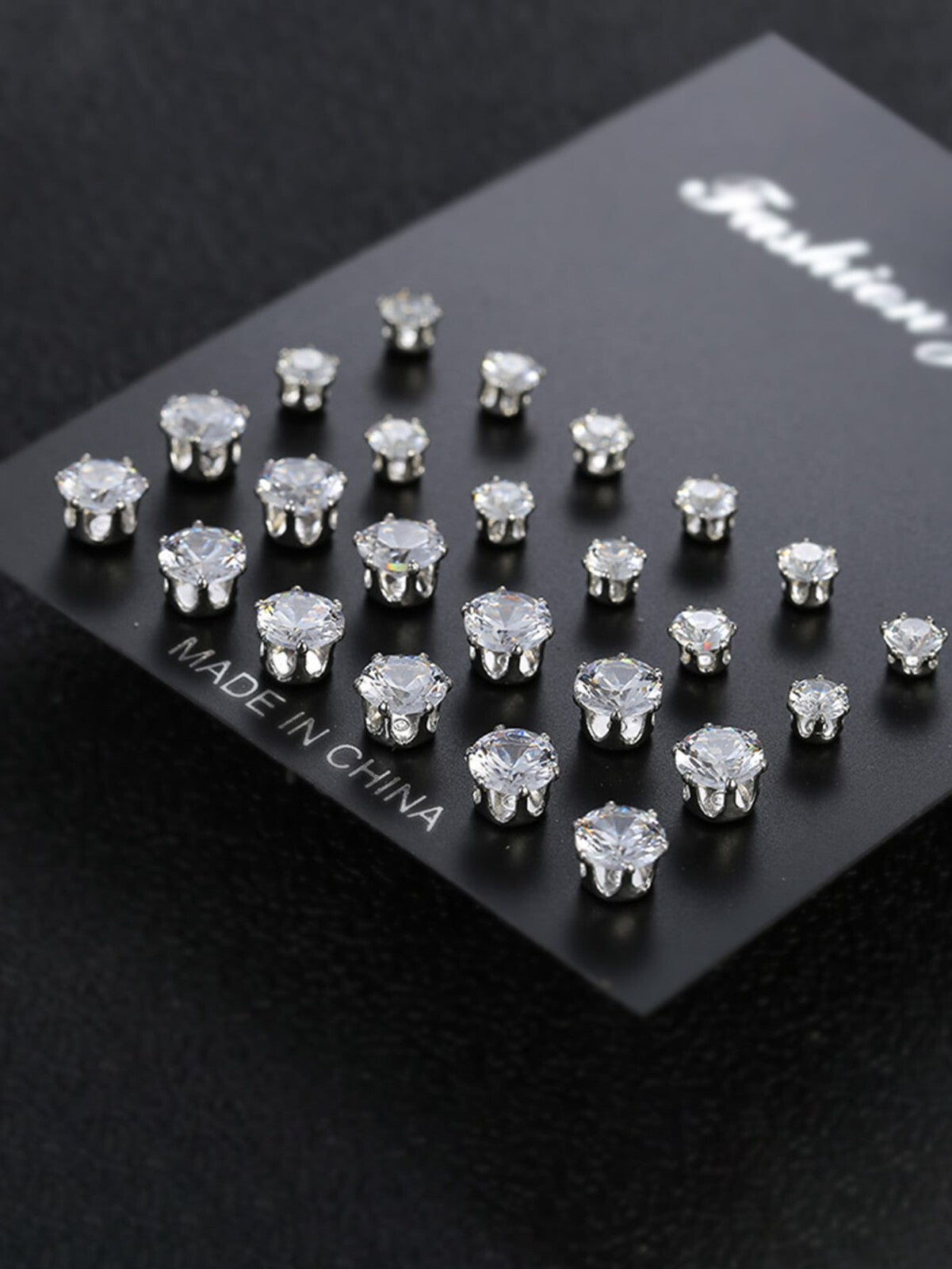 A Set Of 12 Pairs Silver Cubic Zirconia Stud Earrings Small Round CZ Set Pack UK