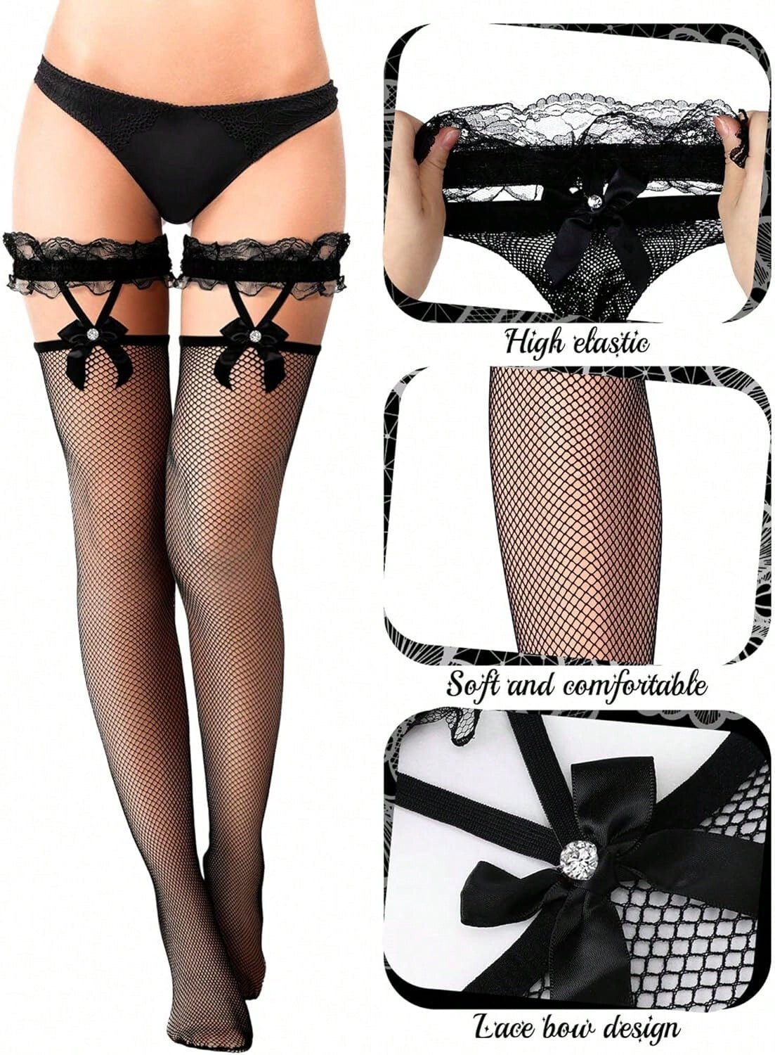 2 pairs Sexy Ladies Fishnet Hold Up Stockings With Lace Top UK stock