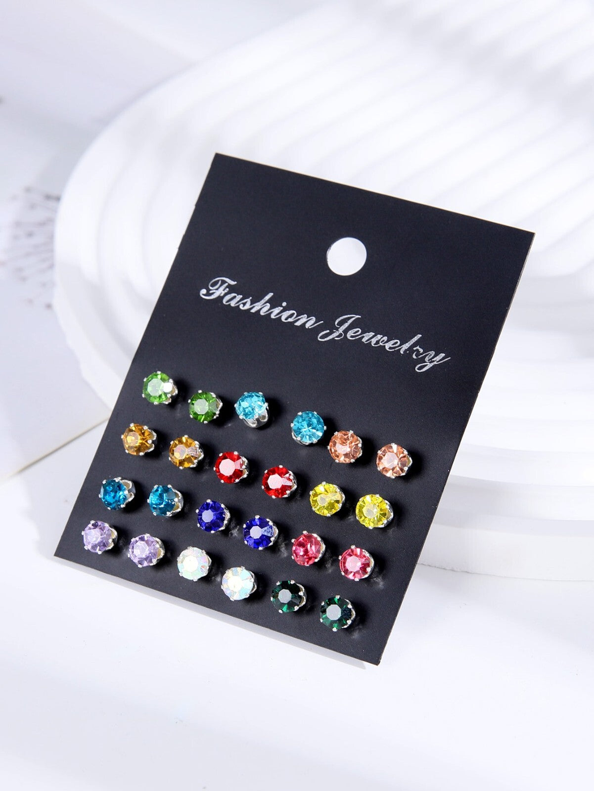 A Set Of 12 Pairs Silver Cubic Zirconia Stud Earrings Small Round CZ Set Pack UK