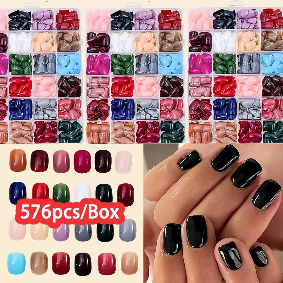 576pcs Short Square False Nails. Full Cover Fake Nail Tips. Many Colours SELLER