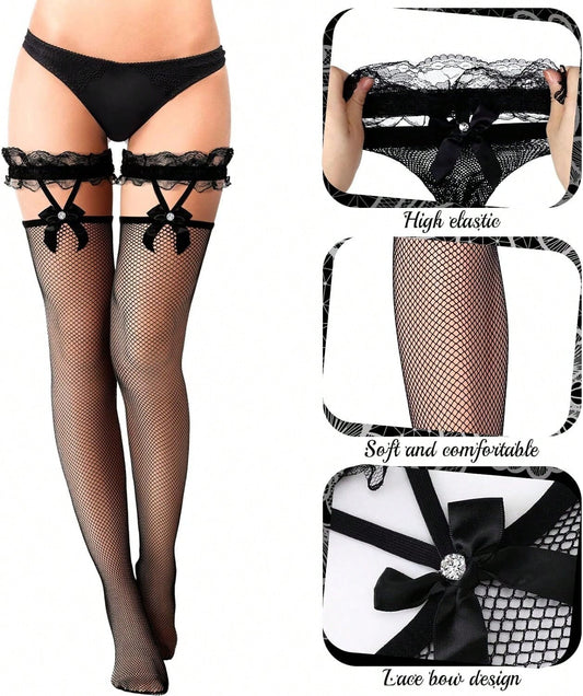 2 pairs Sexy Ladies Fishnet Hold Up Stockings With Lace Top UK stock